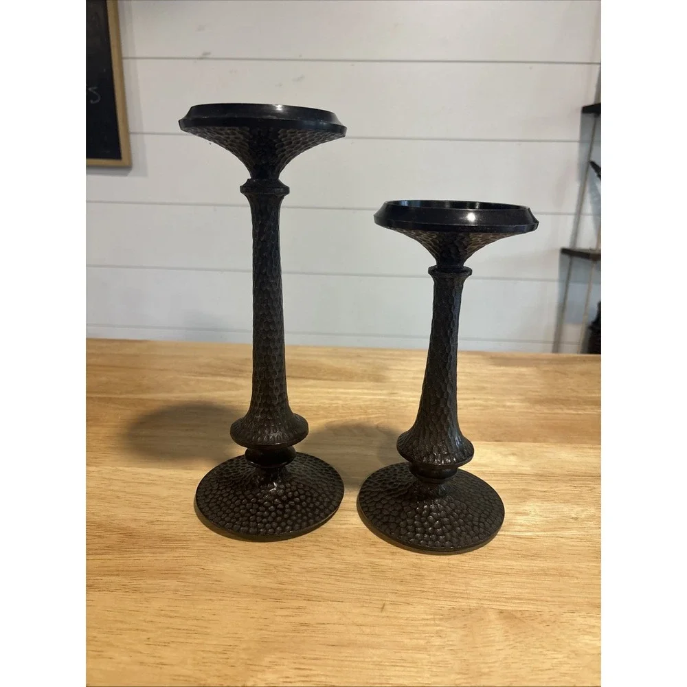 2 Heavy, Hammered Surfaced Pillar Candle Holders, 11